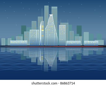 Modern city district vector illustration. Evening