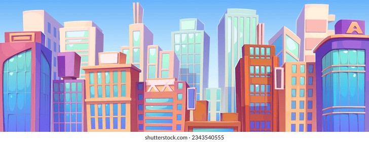 Modern city downtown with skyscrapers against blue sky background. Vector cartoon illustration of urban landscape, futuristic high-rise apartment houses and office buildings, residential neighborhood