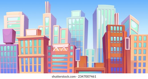 Modern city downtown with skyscrapers against blue sky background. Vector cartoon illustration of urban landscape, futuristic high-rise apartment houses and office buildings, residential neighborhood