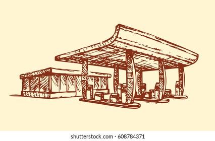 Modern city eco automotive octane store isolated on white background. Outline ink hand drawn picture sketch in doodle contour graphic style pen on paper with space for text on sky