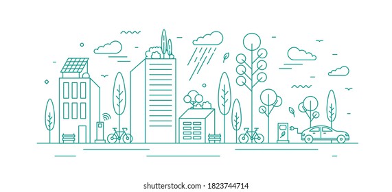 Modern city with ecological infrastructure and vehicles, roof greening, solar panels and electrical car charger. Green vector line art monochrome illustration of eco cityscape with alternative energy