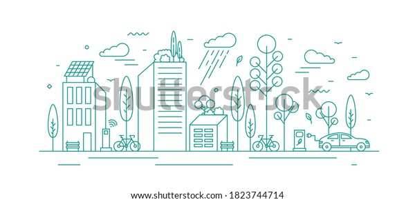 Modern city with ecological infrastructure and\
vehicles, roof greening, solar panels and electrical car charger.\
Green vector line art monochrome illustration of eco cityscape with\
alternative energy
