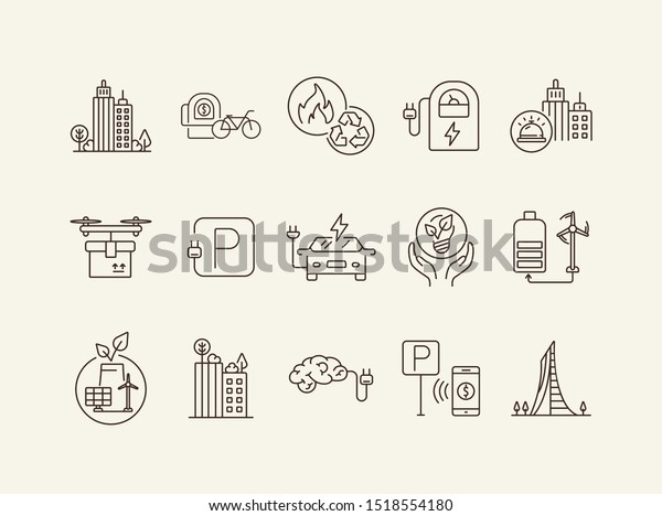 Modern city energy icons. Set of line icons.\
Quadcopter with box, car charging station, windmill. Alternative\
energy concept. Vector illustration can be used for topics like\
environment, ecology