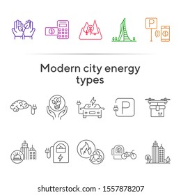 Modern city energy types icons. Set of line icons. Hands holding plant, electro car, bike rent. Alternative energy concept. Vector illustration can be used for topics like environment, ecology