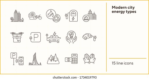 Modern city energy types icons. Set of line icons. Hands holding plant, electro car, bike rent. Alternative energy concept. Vector illustration can be used for topics like environment, ecology
