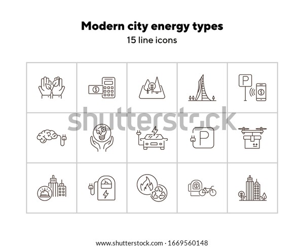Modern city energy types icons. Set of line\
icons. Hands holding plant, electro car, bike rent. Alternative\
energy concept. Vector illustration can be used for topics like\
environment, ecology