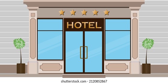 Modern city facade of hotel building. Panel facade of hotel building with window and door. Exterior and interior of building, rest in modern hotel center. Urban landscape. Vector illustration.