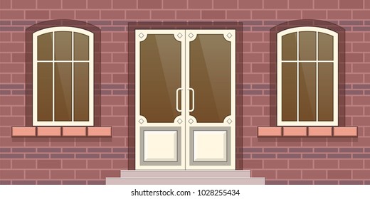 Modern city facade of a residential building. Brick facade of the building with window and a door. Front park near entrance of the house. Urban landscape. Vector illustration isolated