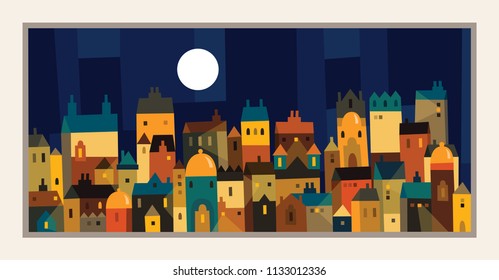 A Modern city full of colourful building and towers, A Town with different style of houses and night sky with full moon in the background, A colourful template for your design, Vector illustration