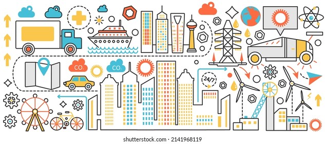 Ciudad moderna con tecnología futura. Paisaje urbano creativo con siluetas de rascacielos y edificios, casa y coches ecológicos, horizonte urbano con molino de viento en banner de concepto infográfico, diseño de arte de línea delgada