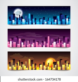 Modern city with glowing buildings vector banners