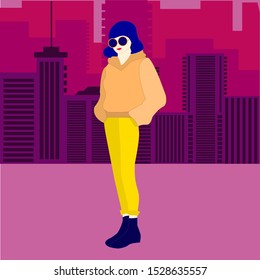Modern city, great design for any purposes. Futuristic night city. Vector town city street outline. Outline building vector illustration. Perspective building. Outline cityscape. Fashion woman.