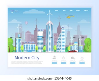 Modern city with helicopter and green parks vector, dollar sign and hand holding currency, time clock and information. Town with infrastructure. Website or webpage template, landing page flat style