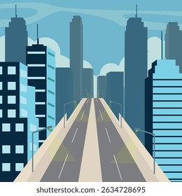 modern city highway landscaped vector illustration graphic design . skyscrapers street view on front with blue sky concept for business or real estate agency