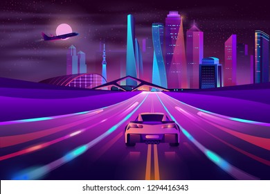 Modern city highway neon cartoon vector with sport car moving fast at night on three-way high speed motorway, airliner flying over metropolis skyscrapers illustration. Future metropolis transport