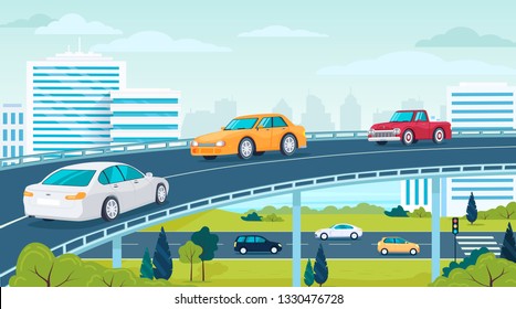 Modern city highway traffic transport and architecture cityscape with green park vector illustration