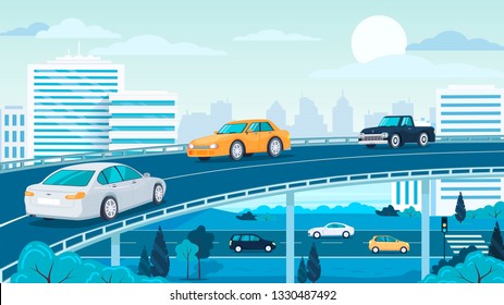 Modern city highway traffic transport and architecture cityscape vector illustration