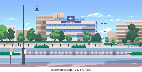 Edificio de hospital urbano moderno. Arquitectura exterior de clínica pública. Ilustración vectorial plana