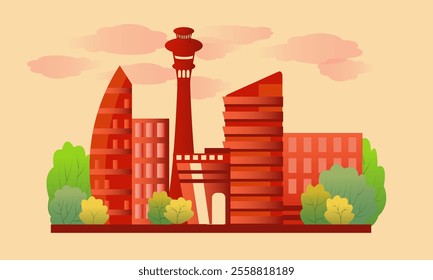 Modern city, modern houses, city of the future, skyscrapers, city with trees, red houses, red skyscrapers, TV tower