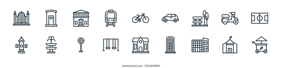 modern city icon pack. perfect for linear ui designs featuring vector ice cream cart, city hall, city, phone booth, house, swing, stop and more icons for mobile and web apps.