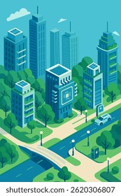 A modern city illustration showcasing a sustainable urban landscape with eco-friendly building, green space and future-ready features.