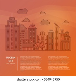 Modern city illustration with skyscrapers, different office buildings and clouds made in vector. Skyscraper collection with place for text. Flyer or banner template with modern line style town graphic