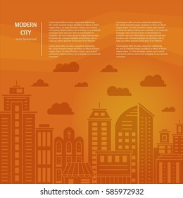 Modern city illustration with skyscrapers, different office buildings and clouds made in vector. Skyscraper collection with for your text. Flyer or banner template with modern line style town graphic.