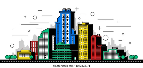 Modern city illustration. Towers and buildings in colored outline style on white background