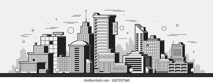 Modern city illustration. Towers and buildings in black and white contour style on white background