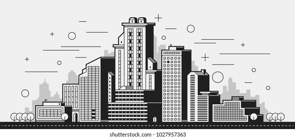 Modern city illustration. Towers and buildings in black and white contour style on white background