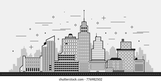 Modern city illustration. Towers and buildings in black and white contour style on white background