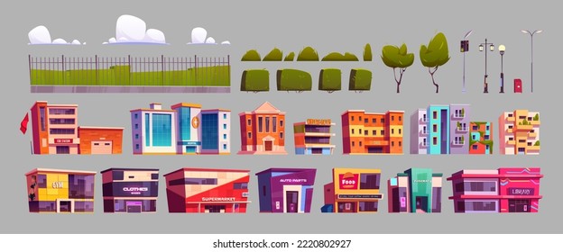 Modern city infrastructure elements set. Urban constructor kit of shopping mall, restaurant, library, pharmacy, hospital, school buildings, apartment houses, park plants. Cartoon vector illustration