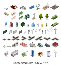 Modern city infrastructure isometric elements set of map constructor arcades buildings streets bridges and utilities isolated vector illustration 