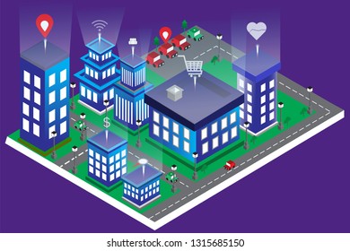 modern city isometric building aparment and intelligent of technology wireless  shopping online at home background vector illustration