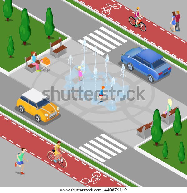 Modern City Isometric\
Concept. Fountain with Children. Bicycle Path with Riding People.\
Vector illustration