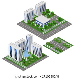Modern City isometric set. Big houses and buildings, streets and square with trees and fountain. Isolated modules to create urban cityscape. Vector illustration