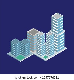 Modern City isometric set. Big office and shop building. Isolated on background. apartment houses, street and square with fountain. vector illustration. color editable.