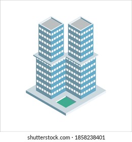 Modern City isometric set. Big office and shop building. Isolated on background. apartment houses, street and square with fountain. vector illustration. color editable.