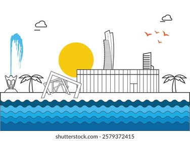 Modern City of Jeddah Corniche Illustration with Iconic Buildings and Waterfront