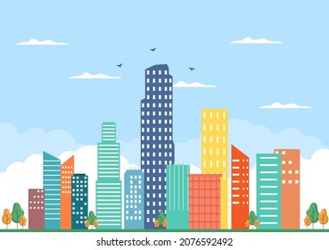 Modern City Landscape Buildings and Architecture Real Estate Silhouette Vector Background Illustration in Line Simple Geometric Flat Style