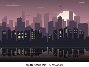 Modern City Landscape Buildings and Architecture Real Estate Silhouette Vector Background Illustration in Line Simple Geometric Flat Style
