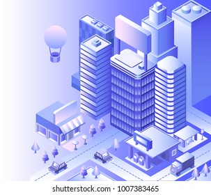 Modern city landscape. Cityscape 3d vector isometric. Skyline scene. Smart city: skyscraper, building, architecture, car, shop, street, road, coffee. Technology in megapolis. Background with gradient.