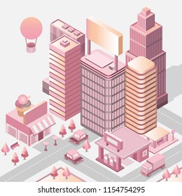 Modern city landscape. Cityscape 3d vector isometric. Skyline scene. Smart city: skyscraper; building; architecture; car; shop; street; road; coffee. Technology in megapolis. Toy town. Golden gradient