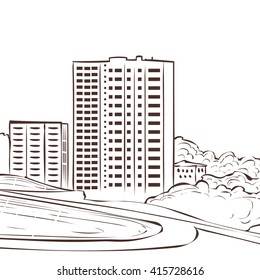 Modern city landscape. Hand drawn vector illustration.