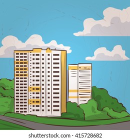 Modern city landscape. Hand drawn vector illustration.