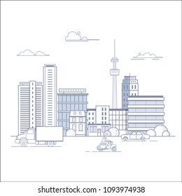Modern city landscape. Line art vector illustration of business buildings and urban transport