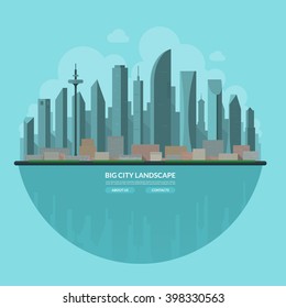 Modern city landscape. Urban background. Cityscape. Skyline of an abstract big city. Skyscrapers, tower, buildings, embankment. Flat design vector illustration.