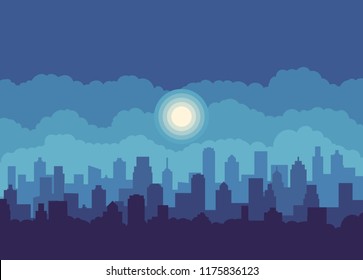 Modern city landscape vector background.  Night City skyline vector illustration. Gorizontal Urban landscape.