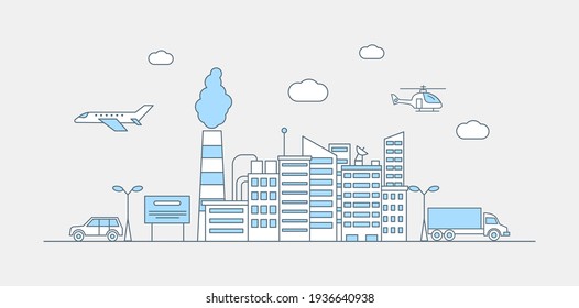 Modern city landscape vector flat line illustration. Buildings, car, truck, plane, helicopter icons for mobile application or website design. Urban landscape with factory chimneys and skyscrapers.