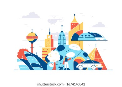 Modern city landscape vector illustration. Big metropolis with skyscrapers, public transport and sightseeing flat style concept. Urban cityscape concept